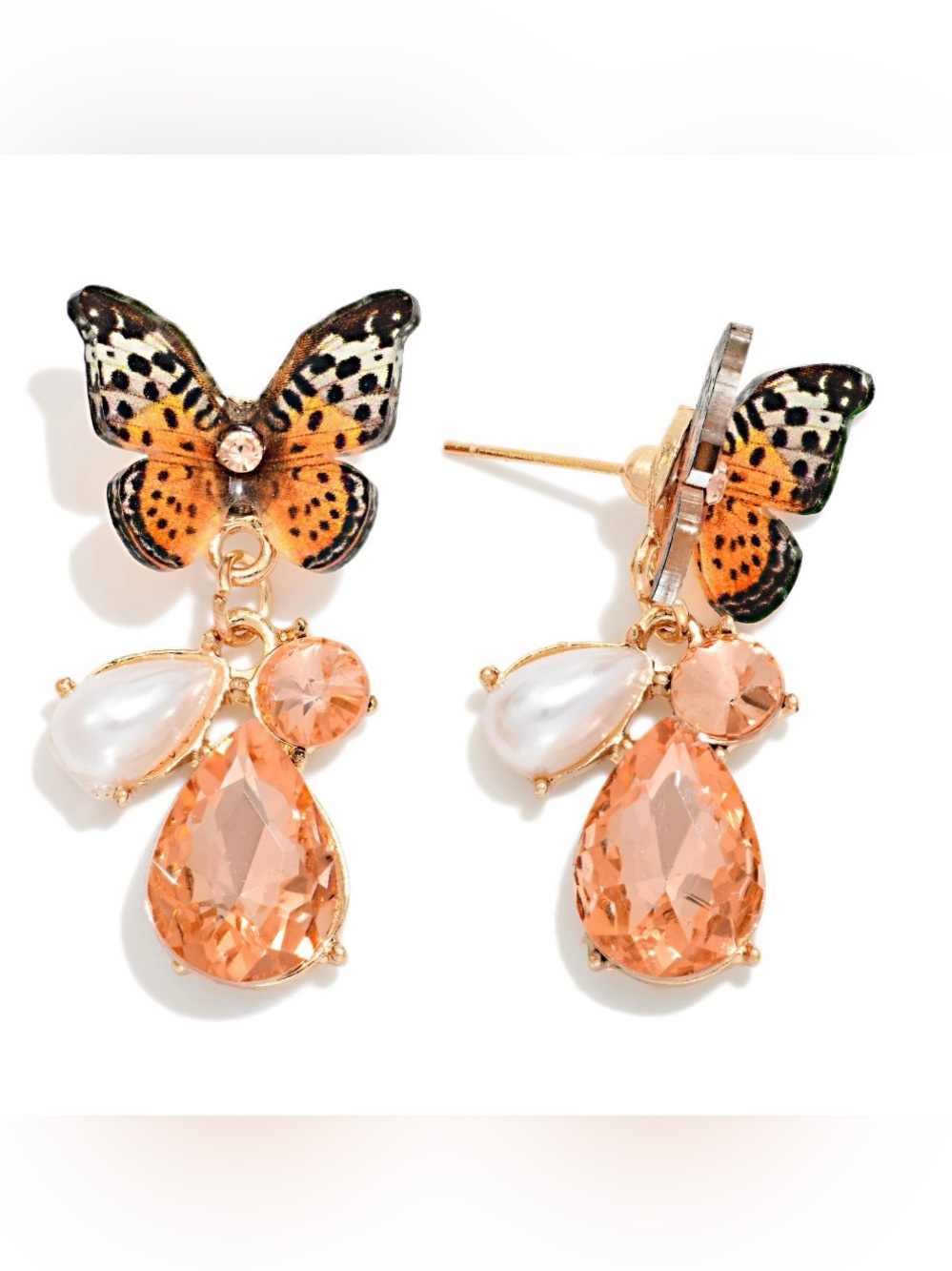 Butterfly Drop Earrings with Peach Crystals and Pearl Accents